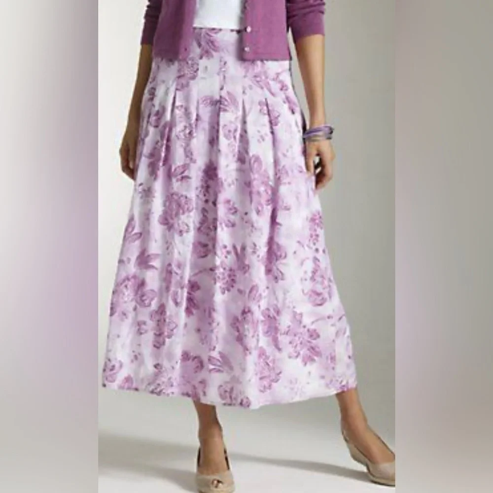 J Jill|Feminine FLORAL Linen/Cotton White & Lavendar midi skirt, flowy•••size 16